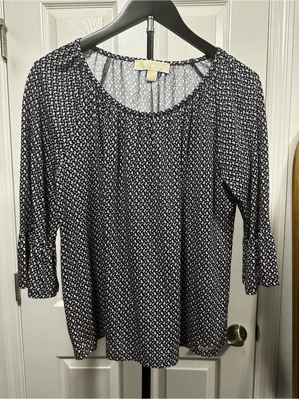 Michael Kors navy and White Printed Scoop Neck Long Sleeve Top